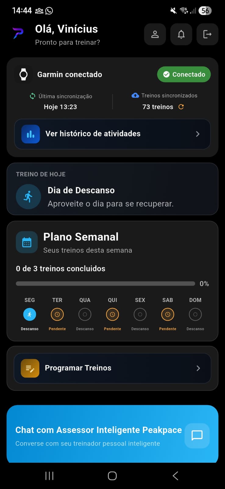 Início · Garmin conectado e plano da semana