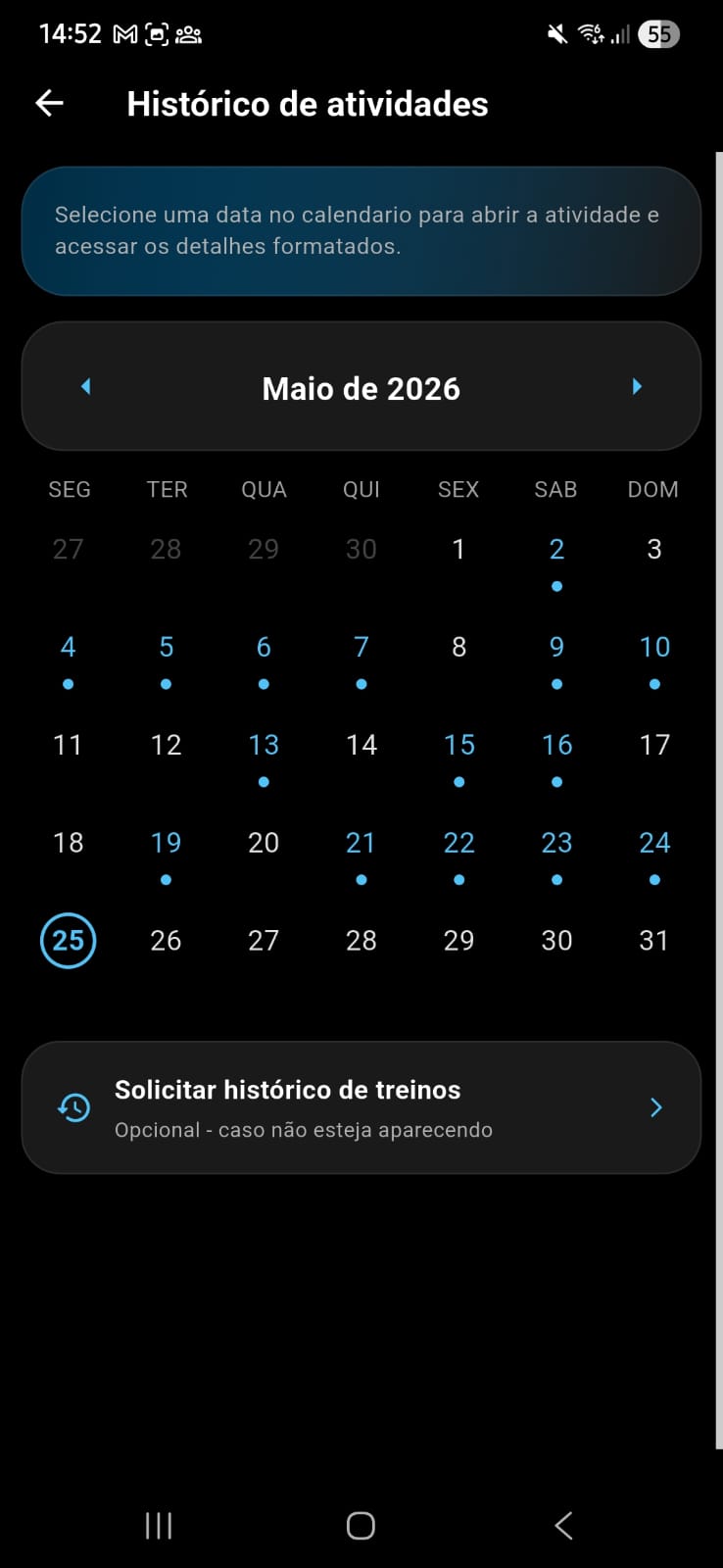 Histórico de atividades · calendário do seu progresso