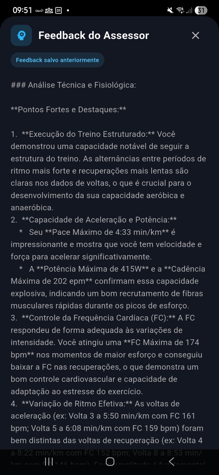 Feedback de treinos