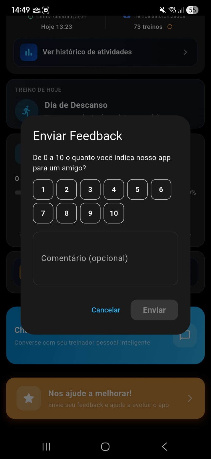 Início · treino do dia e feedback no app