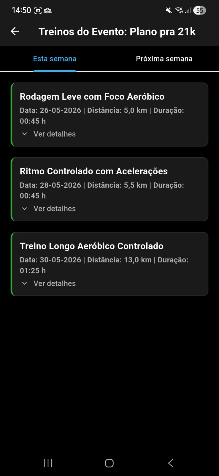 Treinos da semana do seu evento