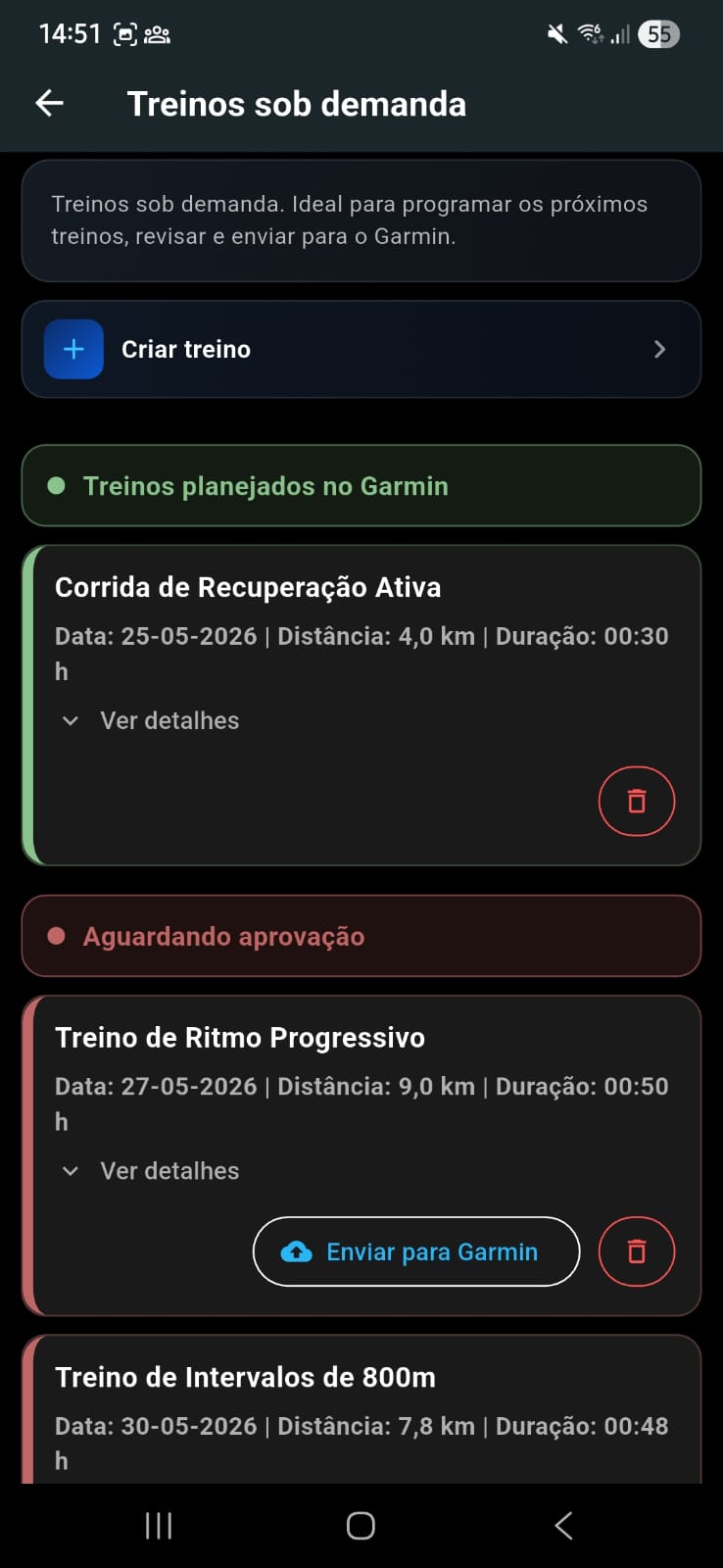 Treinos sob demanda · revisar e enviar